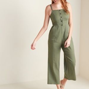 Olive Linen Wide Leg Button Jumpsuit